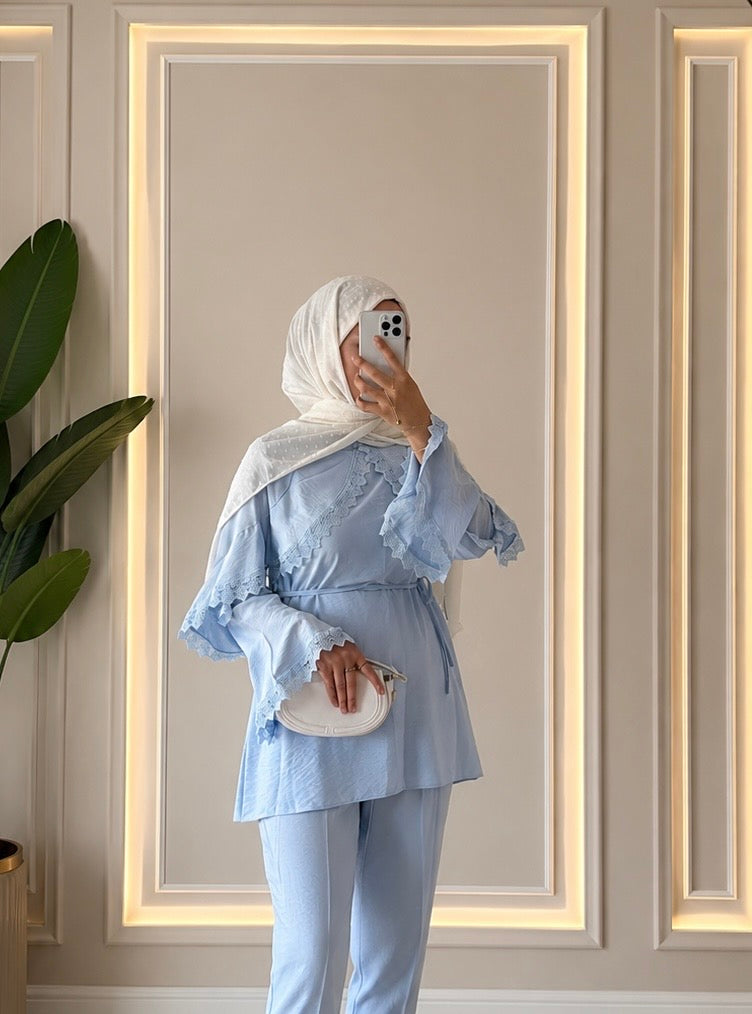 Adella Dantel Detaylı Bebe Mavisi İkili Takım