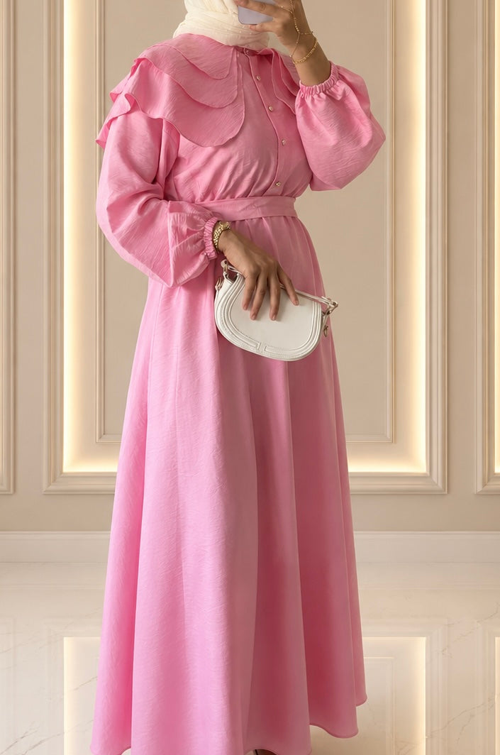 Elise Fırfır Detaylı Kuşaklı Pembe Elbise